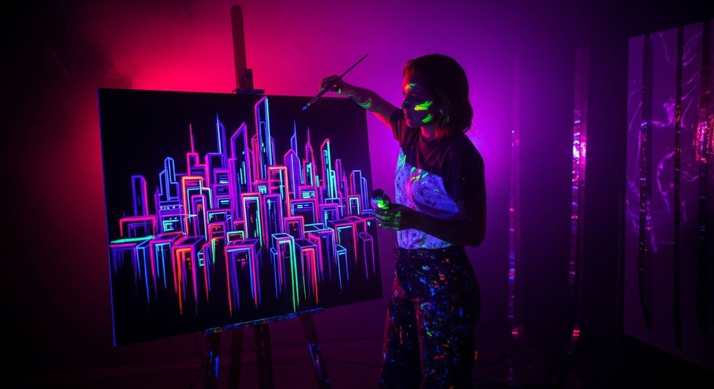 Eine Frau malt ein Schwarzlichtbild einer Stadt